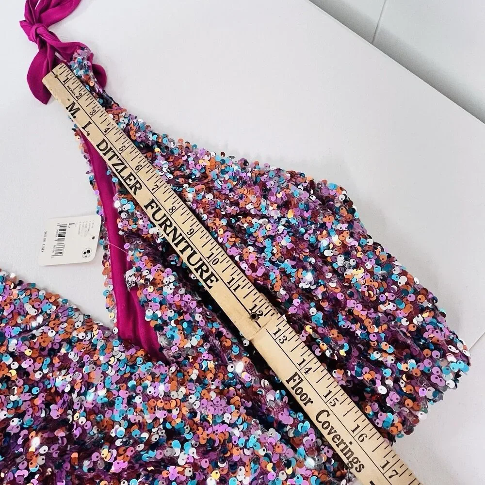 Intimately Free People NWT Size L Pink Sequin Halter Crop Top Festival Party